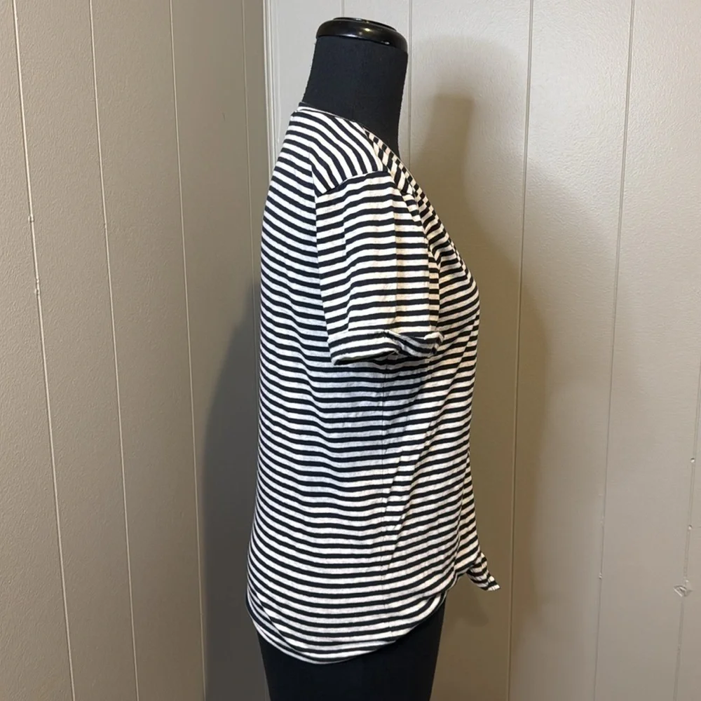 E J. CREW Shirt Womens Small Navy Blue Striped Short Sleeve Tie Front Pocket Tee